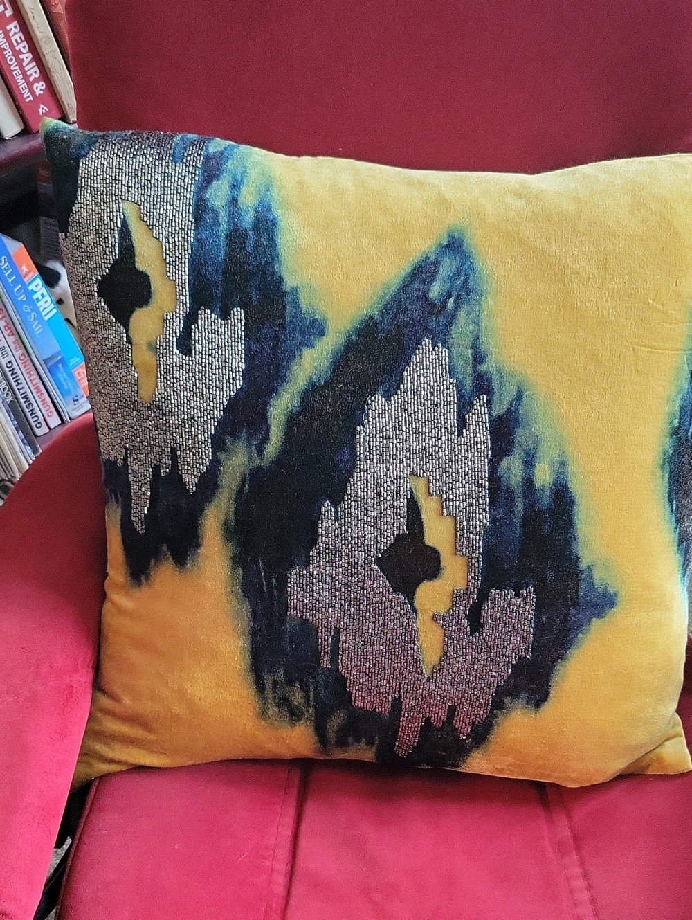 Jade Velvet Ikat Accent Pillow in Mustard and Blue